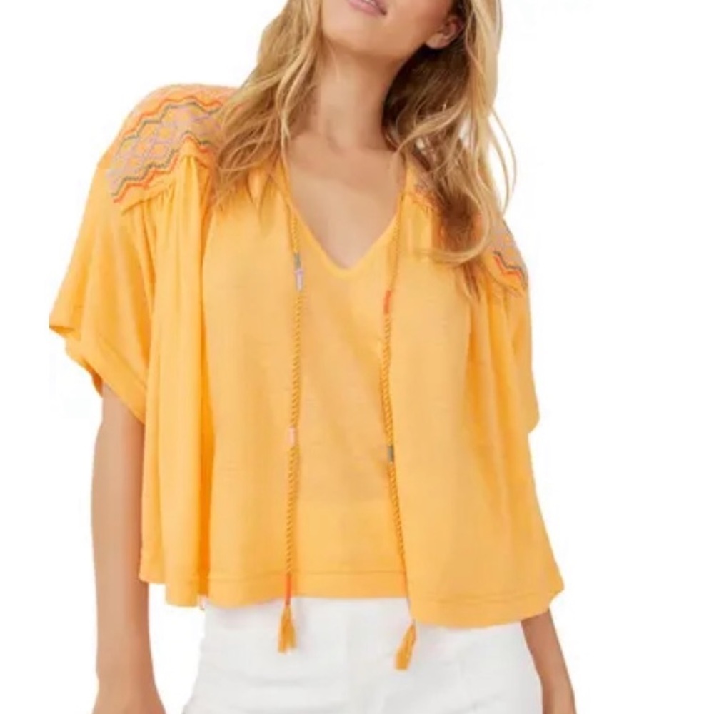 5. Free People Market Embroidered V Neck Top in Carrot Ginger, Size Large